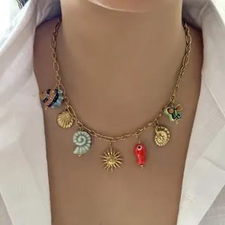 Ocean Series Shell Pendant Necklace Women Gold Stainless Steel Nautilus Spiral Multi-Charm Tassel Choker Vacation Luxury 42+5cm