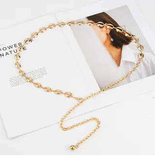 Gold Shell Link Waist Chain Belt for Women, Lightweight Alloy Adjustable Waist Chain, French Vintage Shiny Gold Body Chain for Dress & Vacation, 105cm