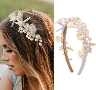 Boho Starfish Shell Headband with Pearl & Crystal Beads - Beach Wedding Bridal Hair Accessory for Women