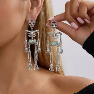 Halloween Skeleton Earrings, Rhinestone Skull & Pumpkin Cross Long Dangle Earrings, Gothic Party Cosplay Jewelry, Gold Alloy, Pair