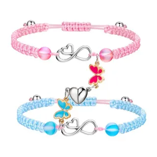 Infinity Symbol Butterfly Heart Magnetic Bracelet, Handwoven Cord Couple Best Friend Jewelry, Alloy Enamel Charm, Adjustable 16-30cm, Pink & Blue Set