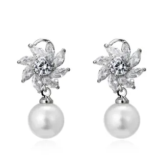 Sunflower Zircon Pearl Drop Earrings & Clip-On, White Gold Plated Copper with Cubic Zirconia & Imitation Pearl, Elegant Floral Dangle Earrings for Women, No Piercing Needed