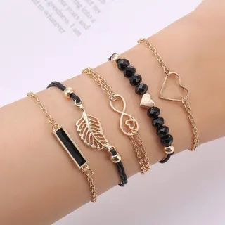 5 Pcs Black Gold Bracelet Set for Women, Alloy 18K Gold Plated, Infinity Heart Feather Charm & Faceted Bead Stackable Bracelets, ~18cm, Luxury Minimalist Jewelry Gift