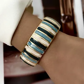 Vintage Enamel Bangle Bracelet for Women - Turquoise & Gold Wave Pattern Wide Cuff, 18K Gold Plated Alloy, French Retro Jewelry Gift