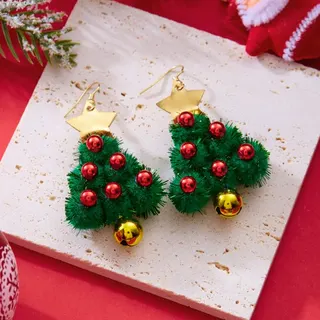 Christmas Tree Earrings for Women, Gold-Plated Alloy Star & Bell Drop Earrings with Red Beads, Festive Holiday Party Dangle Earrings, 1 Pair