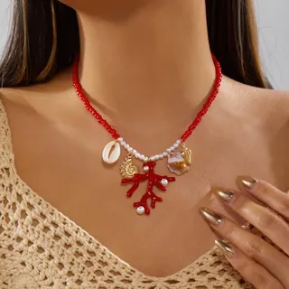 Summer Boho Beaded Choker Necklace - Sun Shell Star Charm Collar Necklace, Orange Seed Bead Short Chain for Beach Vacation