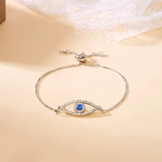 Evil Eye Bracelet for Women, Blue Eye Charm with Rhinestones, Adjustable Slide Clasp Gold-Plated Alloy Chain, Boho Lucky Protection Jewelry, 18cm