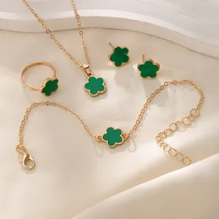 Red Clover Jewelry Set - 4PC Necklace Bracelet Ring Earrings Set, 18K Gold Plated Alloy with Red Enamel, Lucky Four Leaf Clover Gift Set for Women