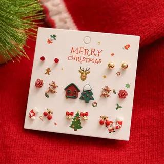 Christmas Earrings Set 8 Pairs - Cute Cartoon Christmas Tree Reindeer House Snowman Bell Stud Earrings, Alloy Enamel Holiday Jewelry Gift for Women Girls