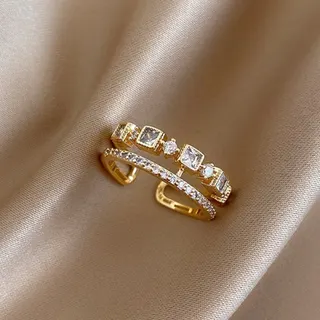 Gold Plated Double Layer Square Geometric Zircon Ring, Adjustable Open Stackable Ring for Women, French Luxury Fashion Jewelry Gift