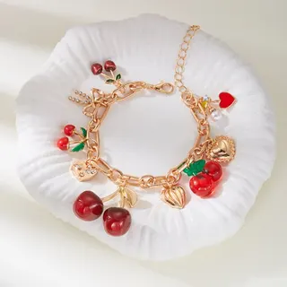 Sweet Cherry Heart Charm Bracelet - Gold Alloy & Resin Dangle Bracelet with Bow, Pearl & Rhinestone, Adjustable 17+5cm, Cute Girl Jewelry Gift