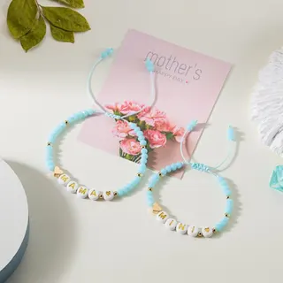 Mother's Day MAMA & MINI Beaded Bracelet Set for Mom and Daughter, Pink Crystal Resin Beads with 18K Gold Plated Heart Charms, Adjustable 16-28cm, Gift Card Packaged