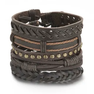 Men's Vintage Leather Bracelet Multi-Layer Braided Studded Wristband Adjustable 16-28cm Punk Biker Style Cuff Set