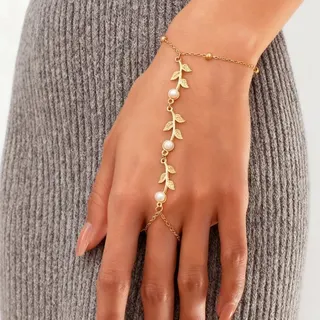 Vintage Leaf Pearl Finger Chain Bracelet, 18K Gold Plated Alloy Hand Chain Ring Set with Rhinestones, French Chic Boho Jewelry for Women, 17+5cm Adjustable, Bridal Party Accessory