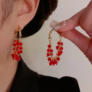 Vintage Red Crystal Statement Earrings - Bohemian Beaded U-Shape Dangle Hoops, 18K Gold Plated Alloy, Festive Party Jewelry for Women