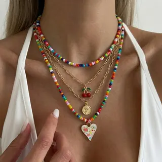 Multi-Layer Beaded Necklace with Cherry & Heart Pendant, Alloy + Colorful Seed Beads, Vintage Sweet Boho Choker, Gold Plated, 40+5cm