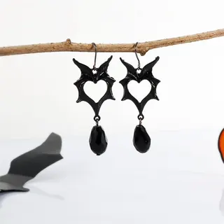 Halloween Gothic Bat Wing Heart Earrings - Vintage Hollow Alloy with Black Crystal Drop Dangle Earrings for Women