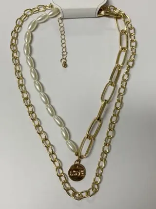 Luxury Layered Necklace for Women - 18K Gold Plated Alloy Chain with Fake Pearl Beads & LOVE Pendant, French Vintage Long Statement Locket Chain