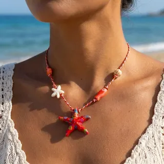 Boho Ocean Starfish Necklace - Hand-Painted Ceramic Fish & Star Pendant on Braided Cord, Adjustable 40+5cm, Beach Vacation Jewelry for Women
