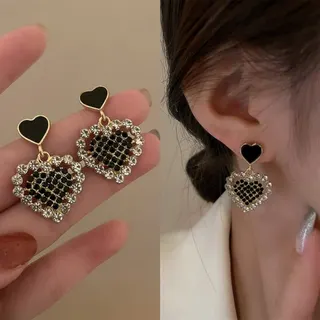 Heart Shaped Dangle Earrings, Black Gold Rhinestone Stud Earrings, Hollow Crystal Love Heart Drop Earrings for Women, Hypoallergenic Alloy Jewelry, Party Wedding Accessories