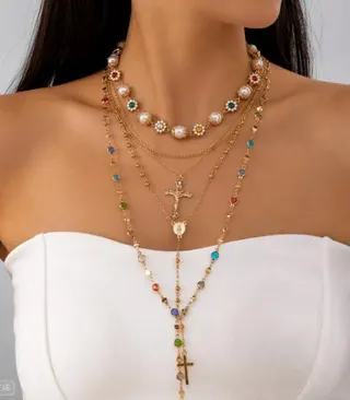 Layered Pearl Flower Cross Necklace, Gold 18K Plated Multi-Strand Long Chain with Color Gemstones & Cross Pendant, Vintage Religious Chic Jewelry for Women