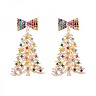 Christmas Tree Earrings Women Red Bow Rhinestone Holiday Dangle Earrings Alloy Festive Jewelry Gift 3.6x6.2cm Pair