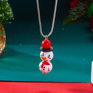 Christmas Snowman Necklace, Resin Painted Pendant with Rose Gold Alloy Chain, 65cm Long Sweater Chain, Cute Holiday Gift for Women
