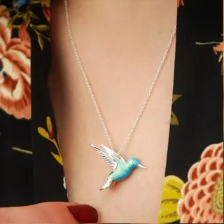 Blue Enamel Hummingbird Necklace, Alloy Silver Plated Bird Pendant Clavicle Chain, Ins Style Minimalist Jewelry for Women, 41-50cm Adjustable