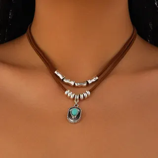 Boho Turquoise Necklace for Women - Irregular Silver Bead Leather Cord Pendant with Rope-Twist Oval Stone, 36+7cm Layered Vintage Choker