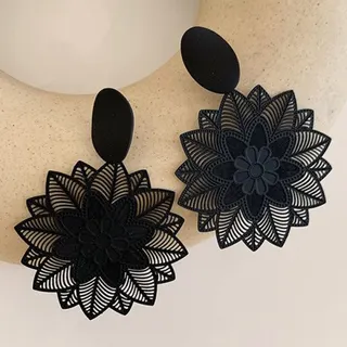 Black Floral Dangle Earrings - Hollowed Out Leaf Petal Design, Alloy Vintage Statement Earrings, 6x4.5cm Pair