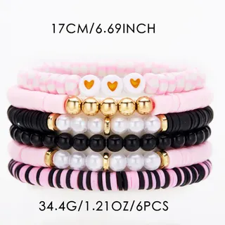 6PCS Beaded Bracelet Set, Pink Black White Pearl & Heart Clay Beads, Stretchy Stackable Bracelets for Women Girls, 17cm/6.69in, Cute Sweet Style Jewelry Gift