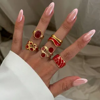 Stainless Steel Enamel Geometric Ring Set of 5 - Gold Plated Red Drip Open Bangle Rings, Hypoallergenic Stackable Wide Band Jewelry for Women, 1.8cm