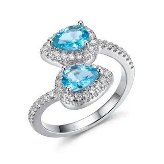 Vintage Teardrop Blue Zircon Open Ring, White Gold Plated Copper with Paved Cubic Zirconia, Adjustable Statement Ring for Women