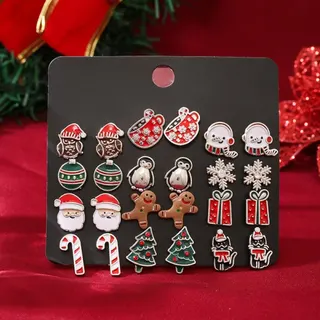 Christmas Earrings Set 12 Pairs - Alloy Cartoon Santa Gingerbread Snowman Penguin Christmas Tree Snowflake Candy Cane Stud Earrings, Holiday Party Gift, Enamel Colorful, ~1cm