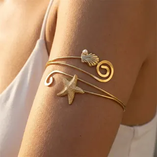 Ocean Starfish Shell Music Note Open Cuff Bracelet, Gold Plated Iron, Adjustable Thin Wire Wrap Arm Cuff, Boho Beach Vacation Jewelry, 8cm