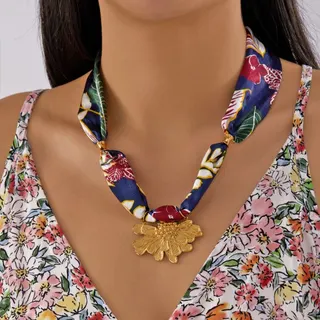 Vintage Silk Scarf Necklace for Women, 18K Gold Plated Stainless Steel Flower Pendant, Boho Wrap Ribbon Choker, Adjustable 50+5cm