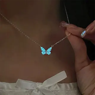 Glowing Blue Butterfly Necklace for Women, Alloy Enamel Luminous Butterfly Pendant, Lightweight Clavicle Chain with 5cm Extender, Ins Style Jewelry Gift