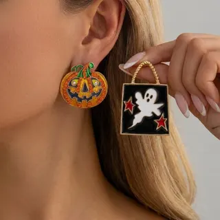 Halloween Pumpkin Ghost Asymmetric Earrings, Alloy Enamel Color-Block Party Hoops, Orange Black Gold Funny Statement Earrings for Women, 1 Pair