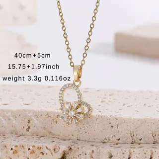 Gold Heart Flower Diamond Necklace - 18K Gold Plated Cubic Zirconia Pendant Chain, 45cm Adjustable, Elegant Gift for Women