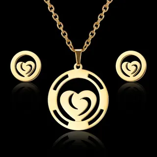 Gold Heart Circle Stainless Steel Necklace & Earrings Set, 18K Gold Plated Hollow Pendant, Hypoallergenic Jewelry Gift for Women