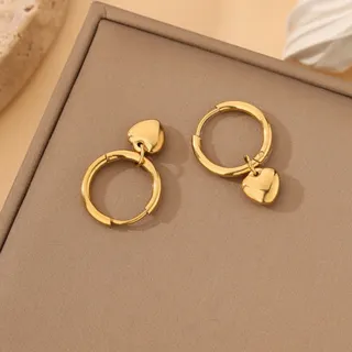 Stainless Steel Gold Hoop Earrings with Heart Charm, Hypoallergenic Tarnish-Free Polished Drop Hoop Earrings for Women, ~3cm