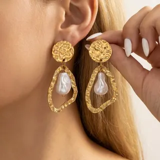 Vintage Hammered Pearl Drop Earrings - 18K Gold Plated Stainless Steel, Square & Round Dangle Earrings, Hypoallergenic Tarnish-Free, Face-Slimming Boho Jewelry for Women