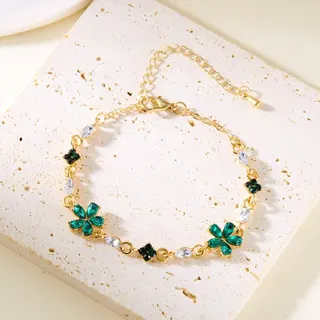 Crystal Flower Bracelet for Women, 18K Gold Plated Alloy, Green Micro-Pavé Flower & Marquise Crystal, Adjustable Clasp 18+5cm, Elegant Gift