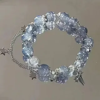 Blue Crackle Glass Bead Bracelet with Cross & Star Charms, Elastic Stretch Bracelet, Vintage Gothic Jewelry for Women