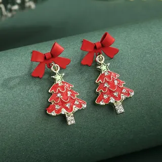 Christmas Tree Earrings for Women, Red Bow Rhinestone Dangle Earrings, Alloy 18K Gold Plated Enamel Zircon Holiday Christmas Gift Jewelry