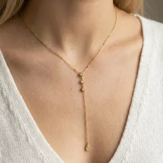 Minimalist Y-Shape Zircon Necklace for Women, 18K Gold Plated Stainless Steel, Hypoallergenic Tassel Pendant Clavicle Chain, 42+5cm Adjustable, Elegant Daily & Date Jewelry Gift