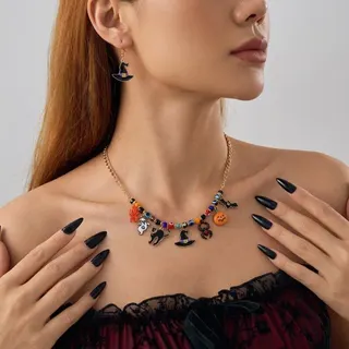Halloween Witch Hat Pumpkin Cat Spider Necklace & Earring Set, Enamel Alloy Jewelry, Gold Plated Party Costume Accessories for Women