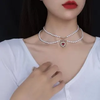Double Layer Pearl Choker Necklace with Heart Rhinestone Pendant, 18K Gold Plated Alloy, 30+7cm, Elegant Sweet Clavicle Chain for Women, Gift Ready