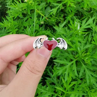 Gothic Bat Wing Heart Ring, Vintage Alloy Silver Plated with Red Enamel, Dark Punk Y2K Statement Jewelry, Size 8