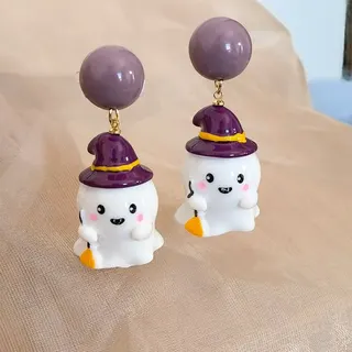 Cute Ghost Broom Halloween Christmas Earrings, Resin Cartoon Witch Dangle Earrings with Purple Round Bead, Alloy + Resin, 4.85x2.1cm, Pair